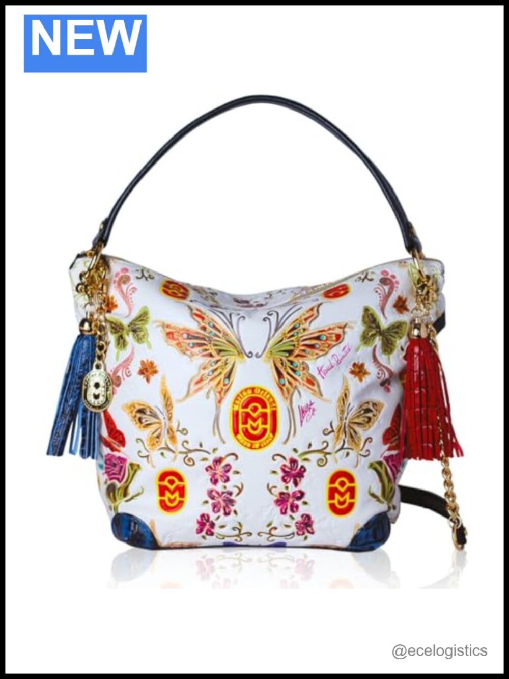 Italian Leather Handpainted Hobo Tote Large Designer Butterfly